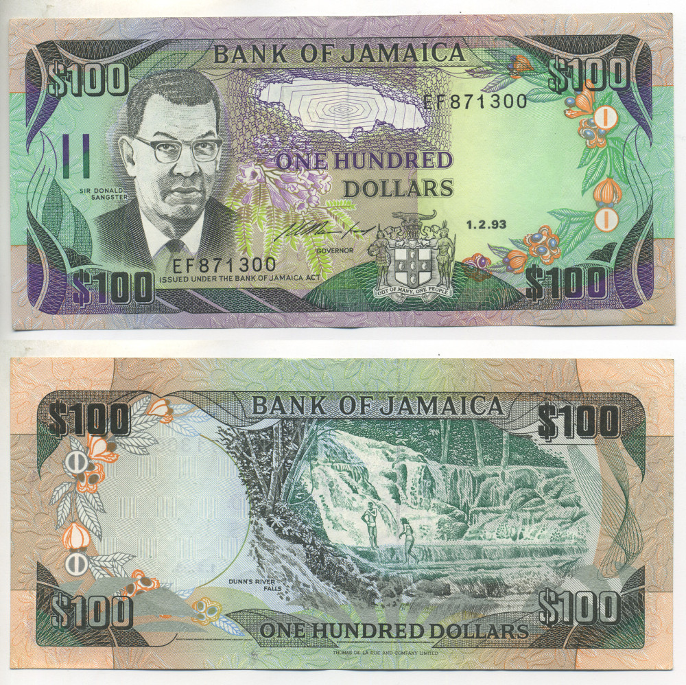 ЯМАЙКА 100 ДОЛЛАРОВ 1993 1 ФЕВРАЛЯ 1993, СЭР ДОНАЛЬД СЕНГСТЕР, ПОДПИСЬ 11 Pick 75c бумага 7551-17-3-2