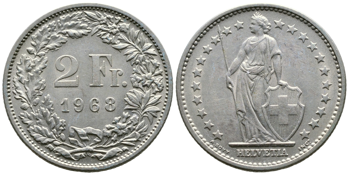 ШВЕЙЦАРИЯ 2 ФРАНКА 1968 В KM 21а.1 медно-никель 4110-1111