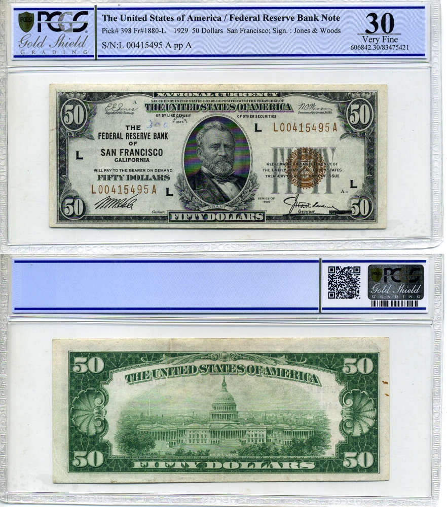 США 50 долларов 1929 L, SAN FRANCISCO, в слабе PCGS 30 Very Fine Pick 398 бумага 000-00-00