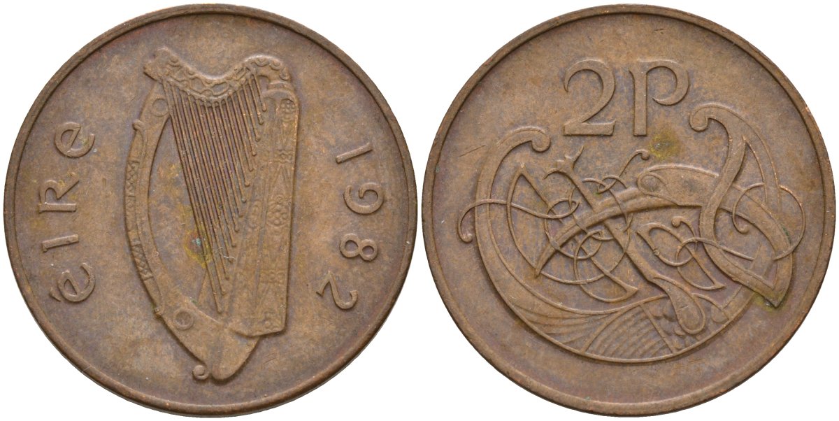 Ирландия 2 пенса 1982 виньетка в виде стилизованной птицы из второй библии Карла II Лысого KM 21 бронза 4144-1013