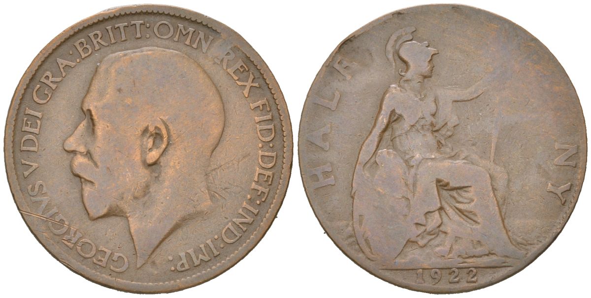 Великобритания 1/2 пенни 1922 Георг V (1910-1936) KM 809, Spink 4056 бронза 4616-741