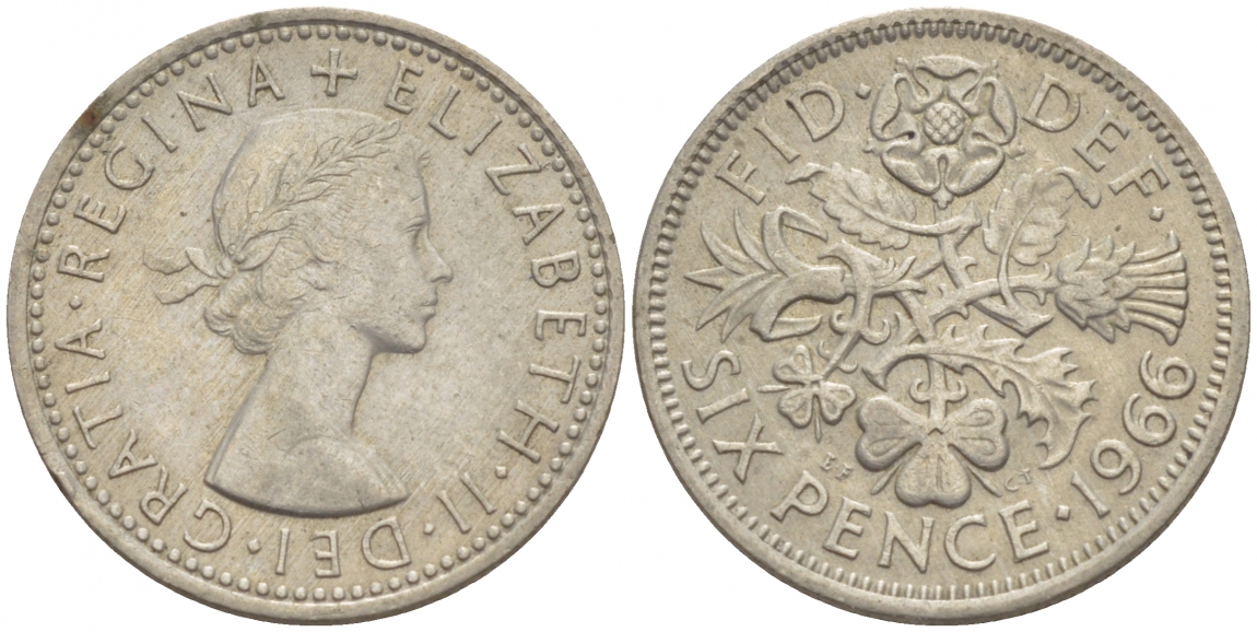 Великобритания 6 пенсов 1966 Елизавета II (1952-2022) KM 903, Spink 4149 медно-никель 4392-1066