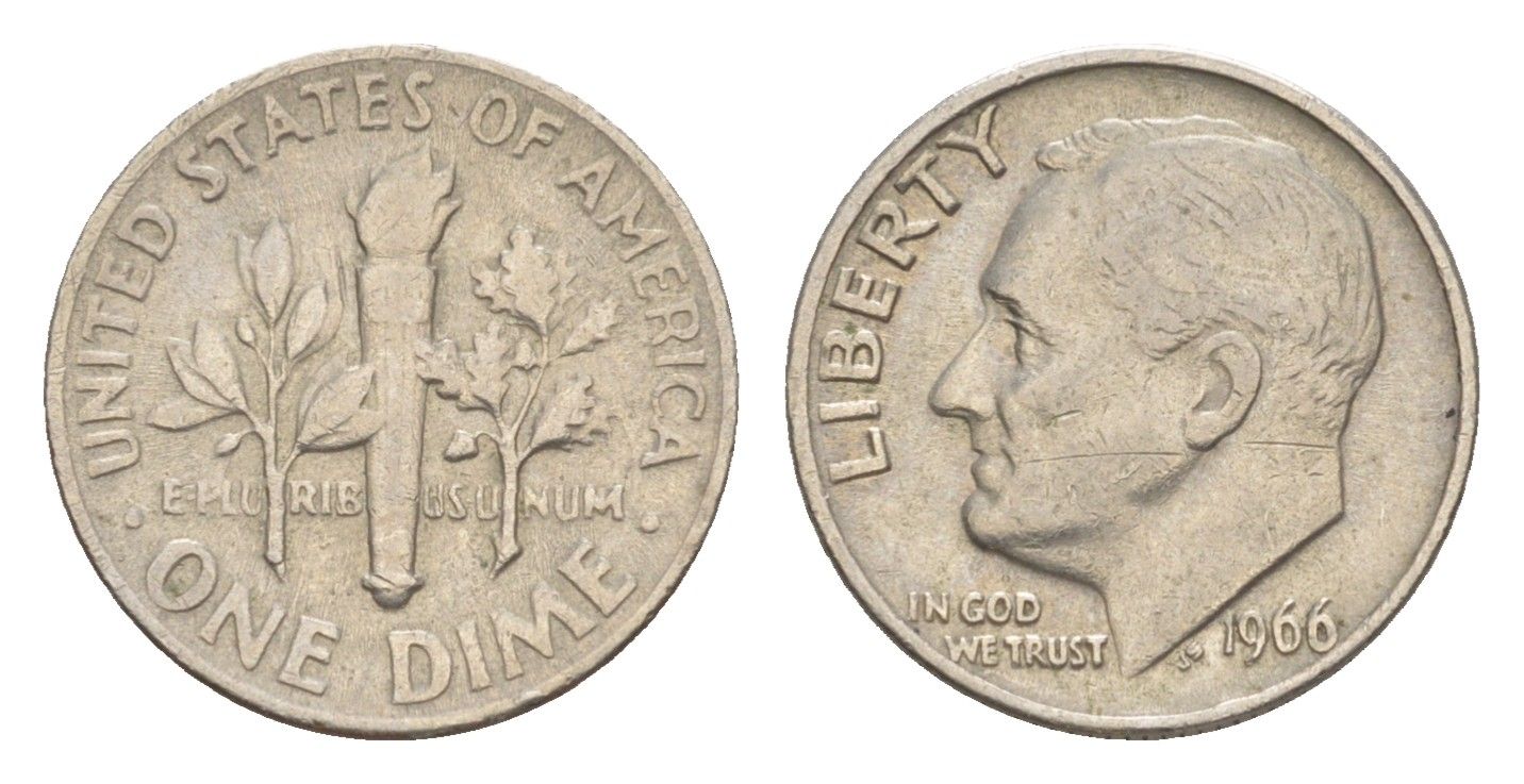 США 1 дайм (10 центов) 1966 президент Рузвельт KM 195a медь плакированная медно-никелем 4649-1258
