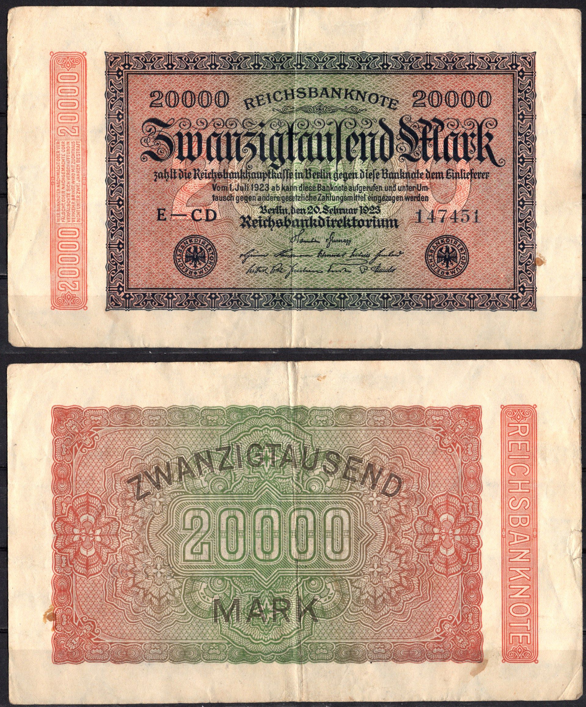 Германия 20000 марок 1924 Pick 85 b бумага 2192-16-2-2