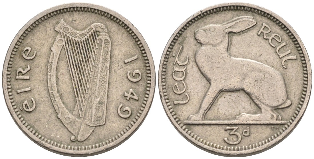 Ирландия 3 пенса 1949 заяц KM 12а медно-никель 92-225