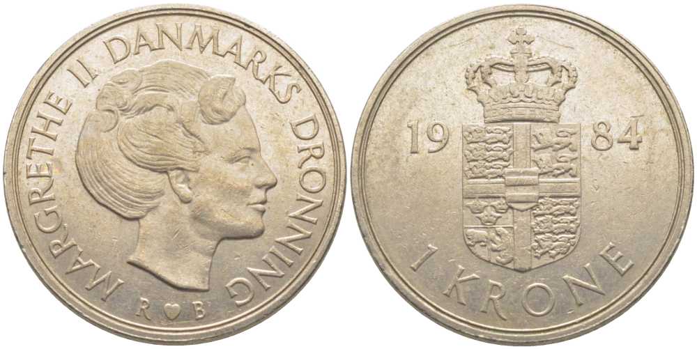 Дания 1 крона 1984 R;B, Маргрете II (1972-) KM 862.3 медно-никель 113-916