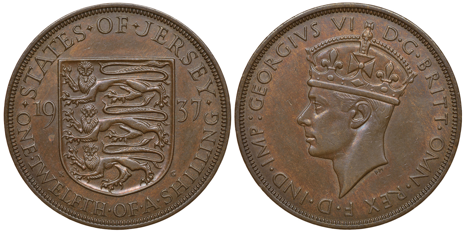 Джерси 1/12 шиллинга 1937 Георг VI (1936-1952) KM 18 бронза 650-323