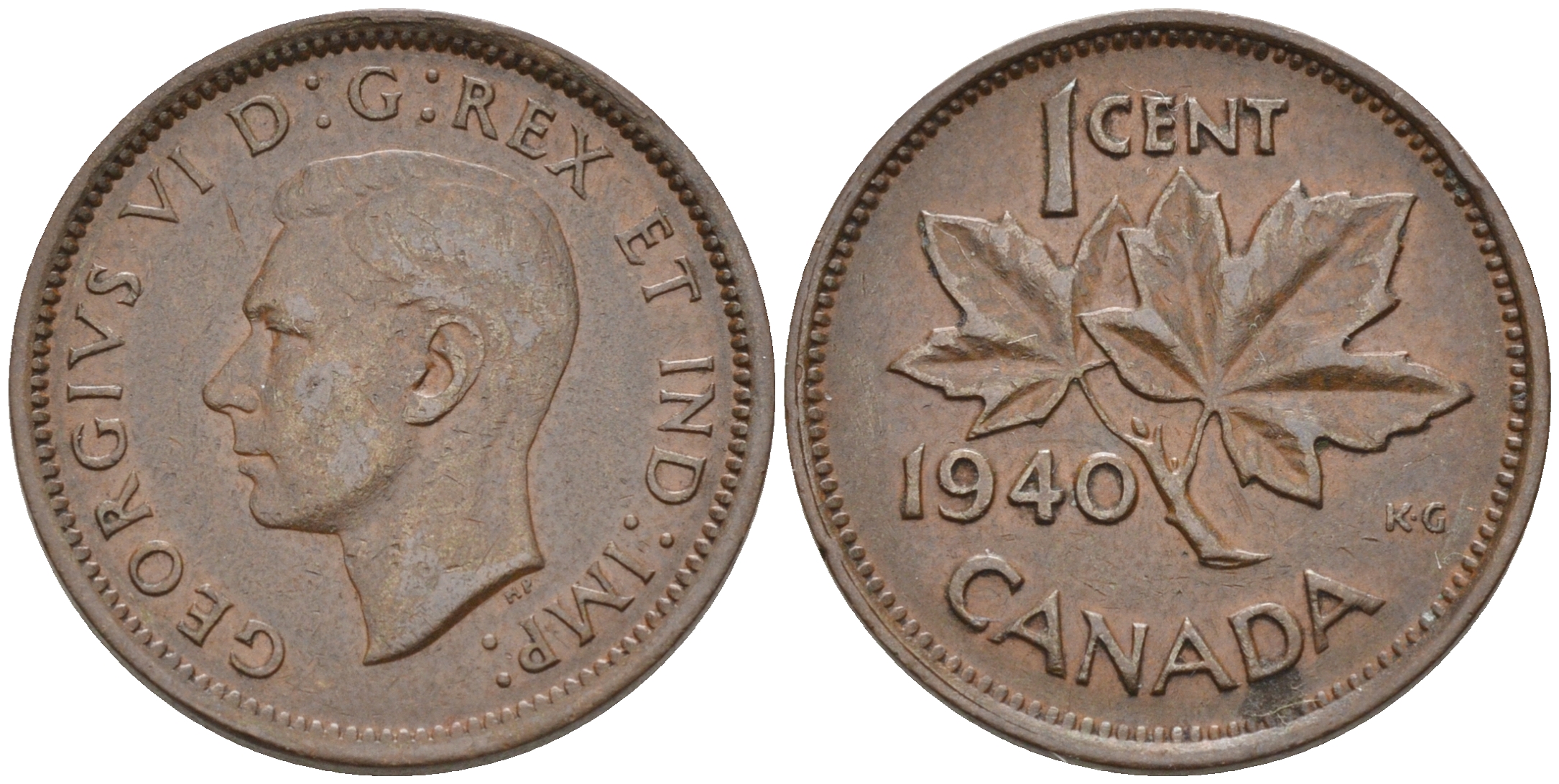 Канада 1 цент 1940 Георг VI (1937-1952), кленовый лист KM 32 бронза 4115-737