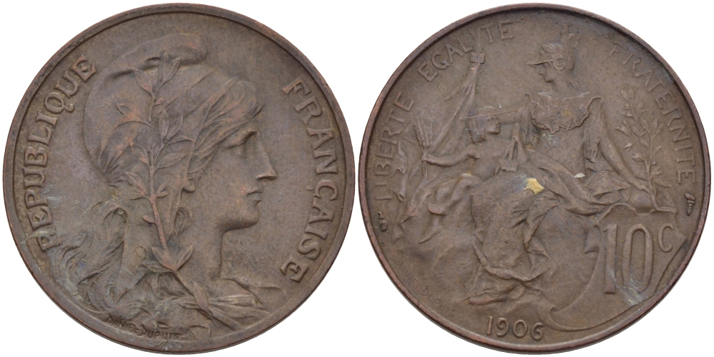 ФРАНЦИЯ 10 САНТИМОВ 1906 ТИП ДАНИЭЛЬ ДЮПЮИ KM 843, LA FRANC 136.16 бронза 97-1225