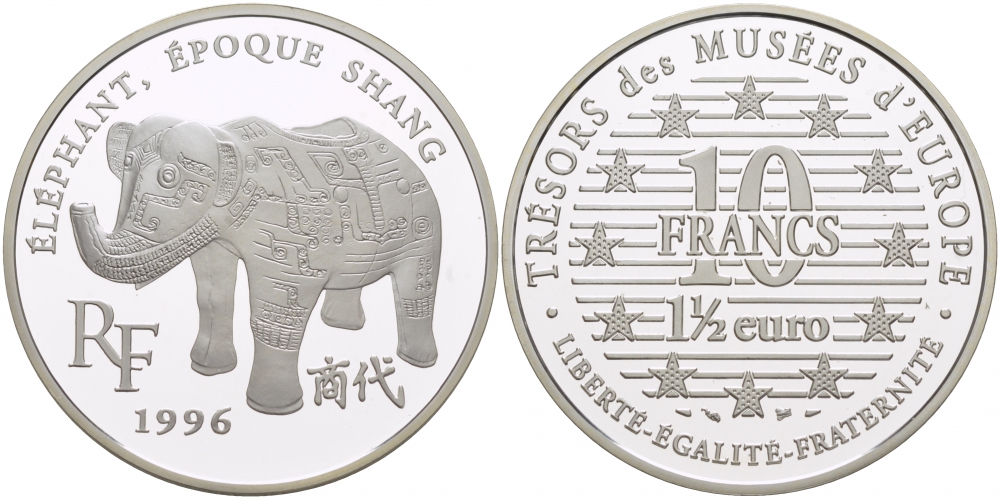 Франция 10 франков = 1 1/2 евро 1996 серия сокровища музеев Европы, слон династии Шан KM 1123 серебро PROOF 1068-4-51