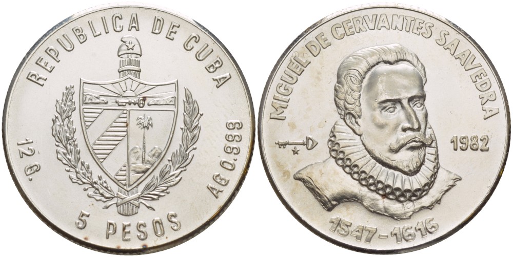 Куба 5 песо 1982 Мигель де Сервантес (1547-1616), тираж 7000 экземпляров KM 99 серебро UNC 1087-8-41