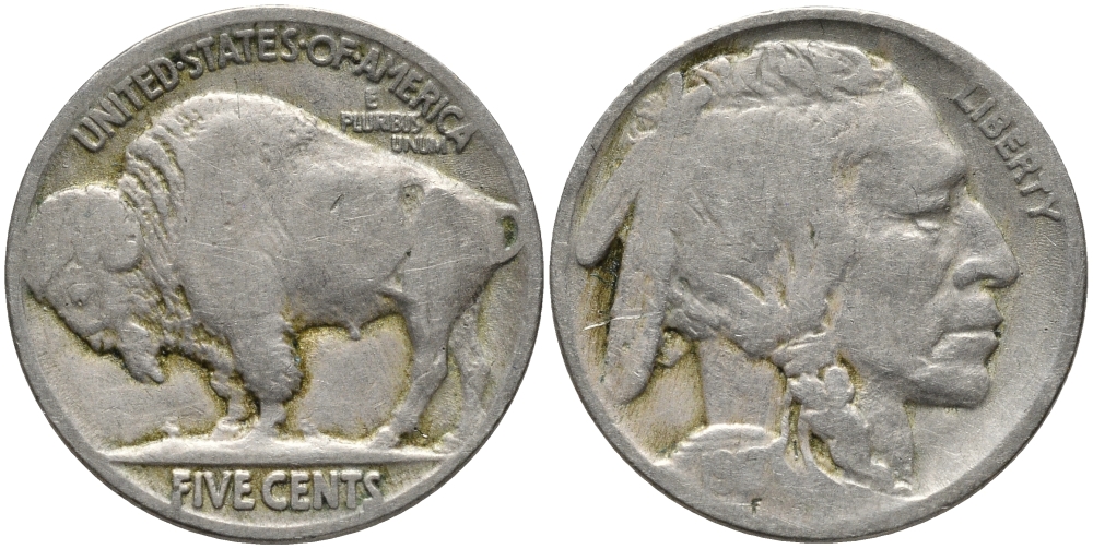 США 5 центов 1917 индеец, бизон KM 134 медно-никель 00-00