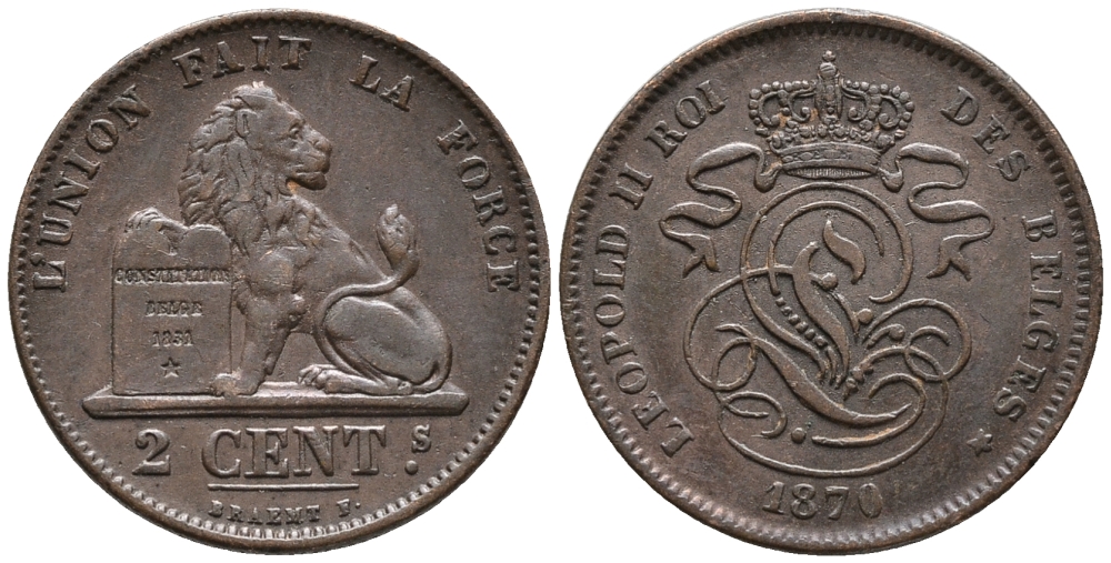 БЕЛЬГИЯ 2 САНТИМА 1870 BELGES KM 35.1 медь 34-1114