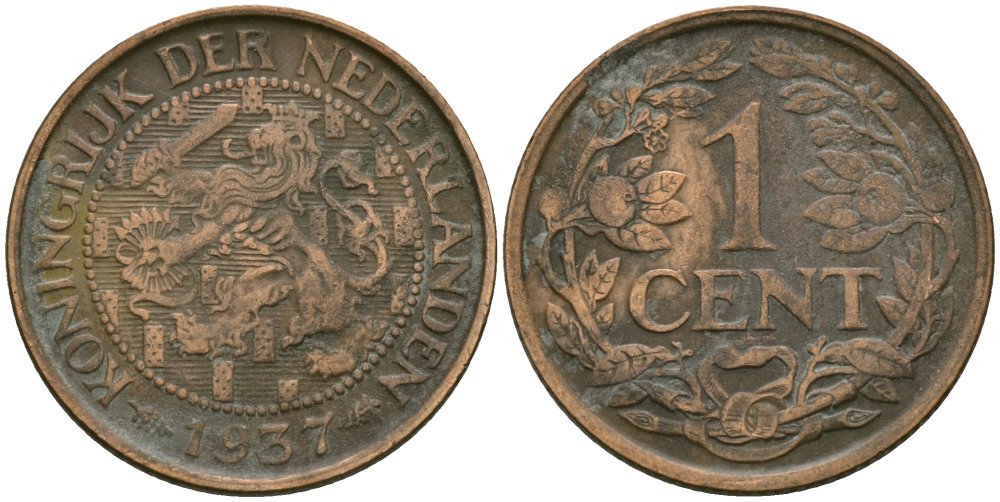 Нидерланды 1 цент 1937 Вильгельмина (1890-1948) KM 152 бронза 4576-1132