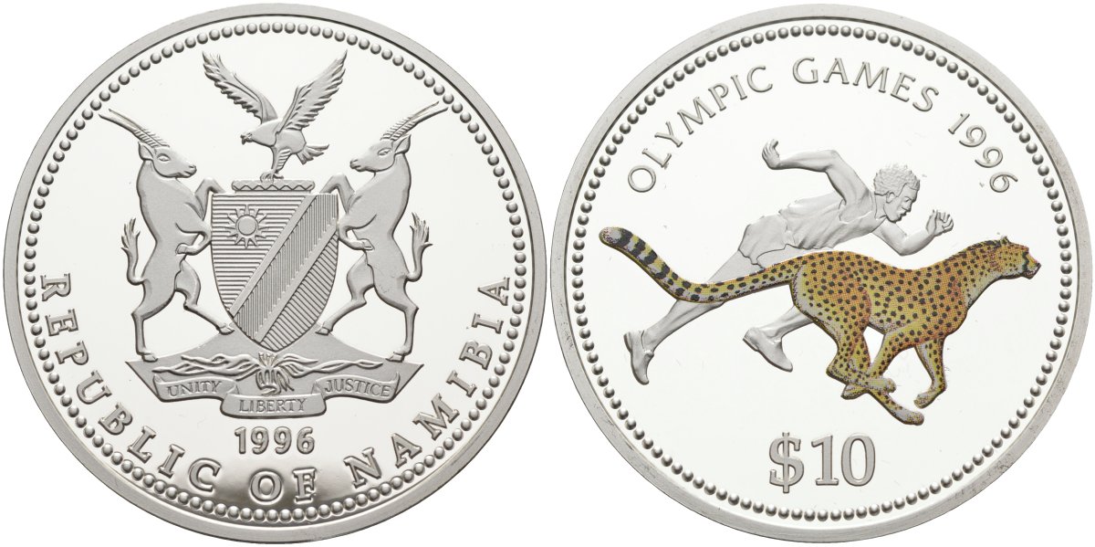 Намибия 10 долларов 1995 олимпийские игры 1996 года в Атланте США, бег с гепардом, цветная эмаль KM 11 серебро PROOF 04-316-35
