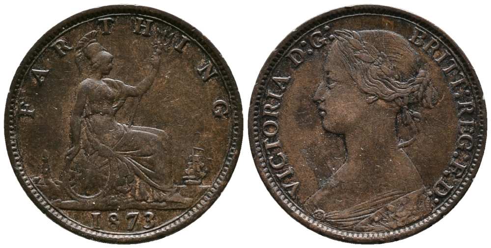 Великобритания 1 фартинг 1873 Виктория (1837-1901) KM 747.2, Spink 3958 бронза  1518-512