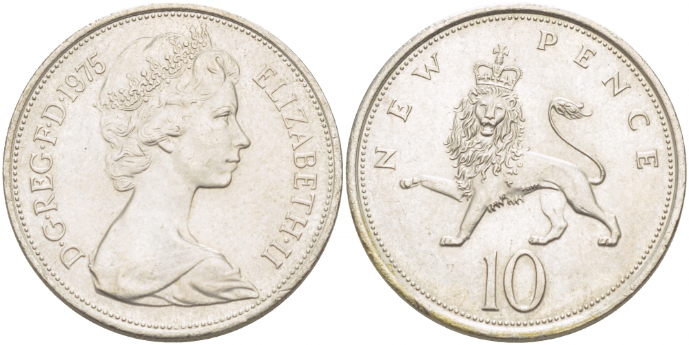 Великобритания 10 пенсов 1975 Елизавета II (1952-2022) KM 912, Spink 4231 (F1) медно-никель  215-421