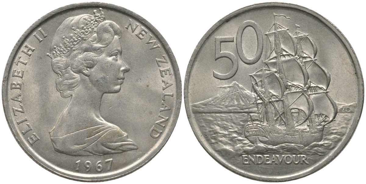 Новая Зеландия 50 центов 1967 Елизавета II (1952-2022), парусник Индевор KM 37 медно-никель 81-632