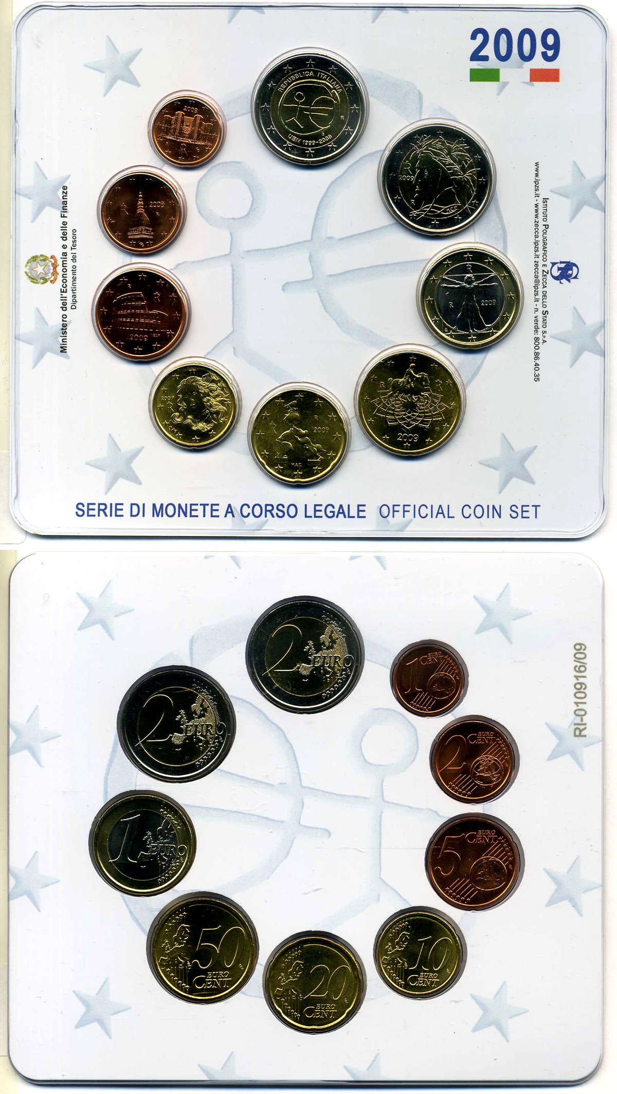 Италия евронабор из 9 монет 2009 10 лет Валютному союзу, запайка в пластик, оригинальный картонный буклет BUNC 5-4-4-26