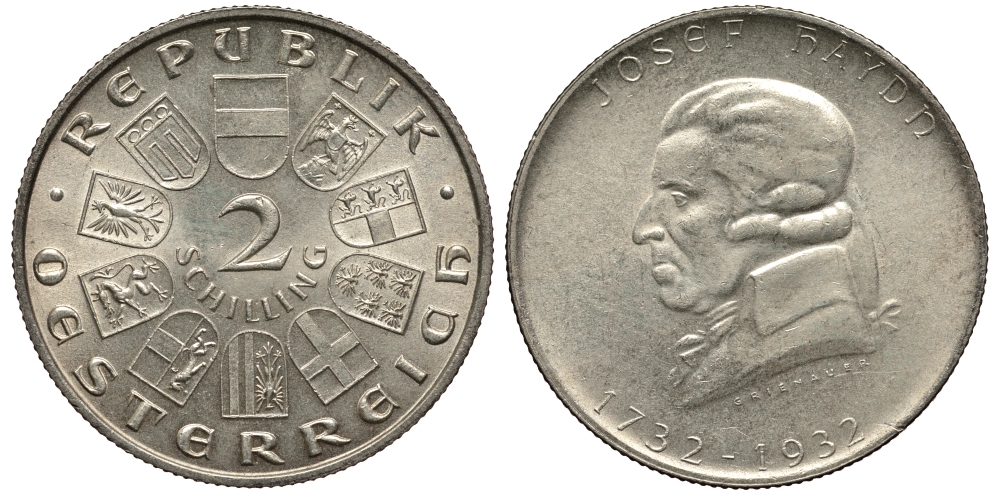 Австрия 2 шиллинга 1932 200 лет со дня рождения Йозефа Гайдна KM 2848 серебро 413-5832