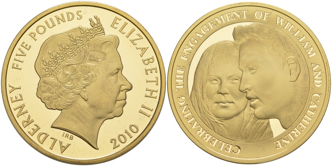 Олдерни 5 фунтов 2010 помолвка принца Уильяма и Кейт Миддлтон, в оригинальной коробке, с сертификатом, проба 925, позолота, тираж 5000 экз. KM 211a серебро PROOF 3-4-4-32
