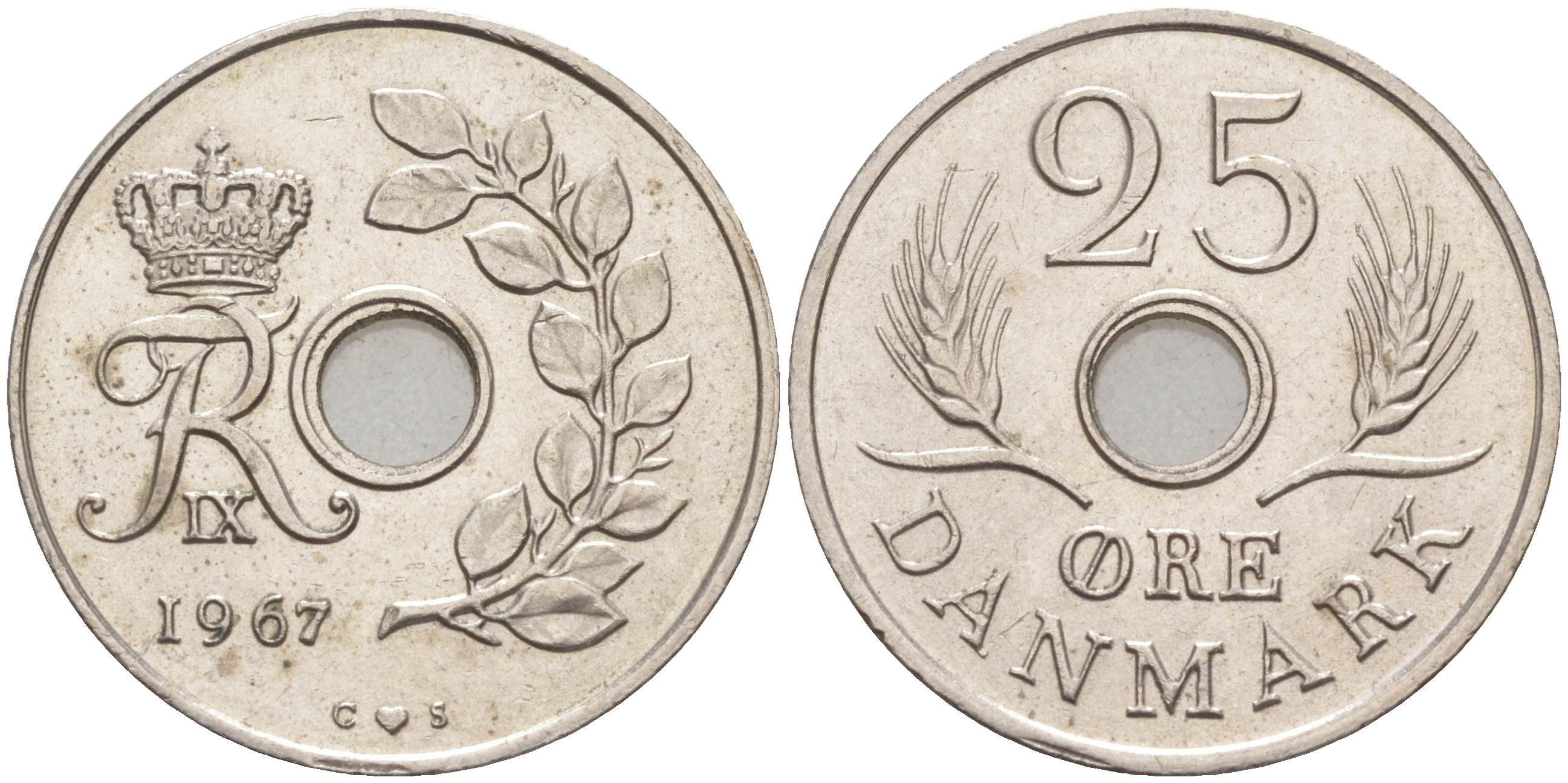 Дания 25 эре 1967 С; S, Фредерик IX (1947-1972) KM 855.1 медно-никель 98-721