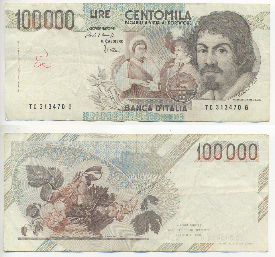 Италия 100000 лир 1983 Караваджо, фруктовый букет, подпись Speziali Pick 110b бумага 7220-29-1