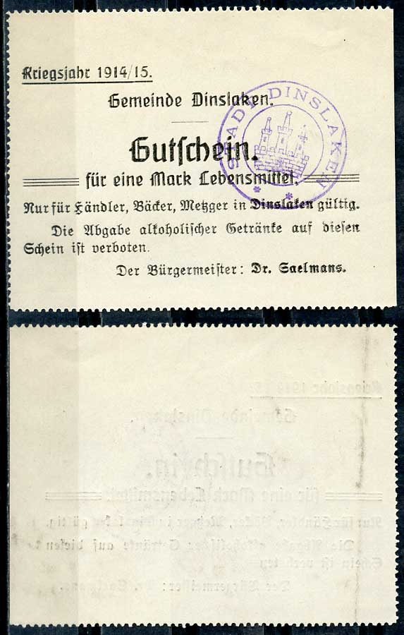 Германия, Динслакен 1 марка 1914/15 нотгельд Diessner 83.2.a бумага UNC (пресс) 444-98-1-1