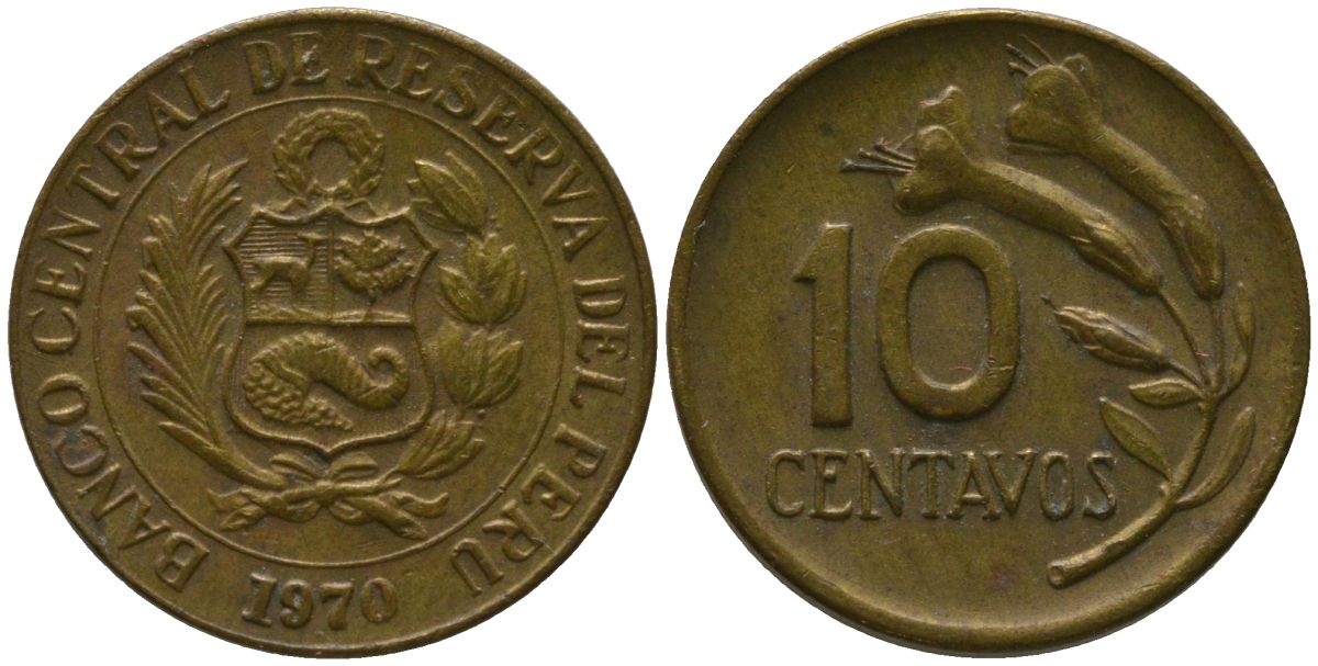 Перу 10 сентаво 1970 KM 245.2, Schon 50 латунь 4532-313