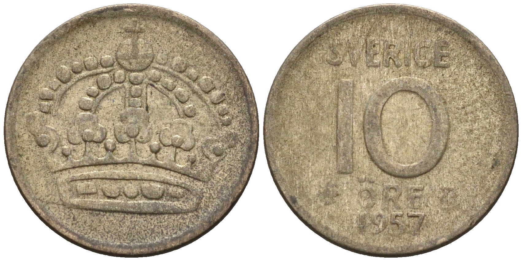 Швеция 10 эре 1957 T;S, Густав VI Адольф (1950-1973) КМ 823 серебро 4160-1248