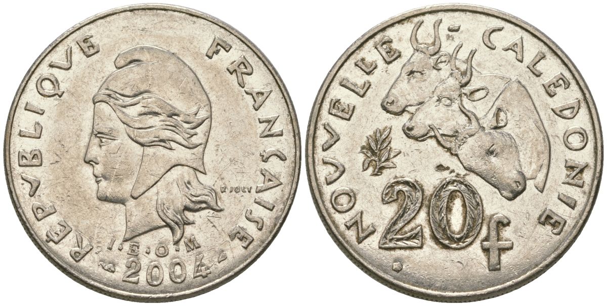 Французская Новая Каледония 20 франков 2004 три быка, (IEOM) KM 12, Schoen 14, Lec 115h никель 81-634