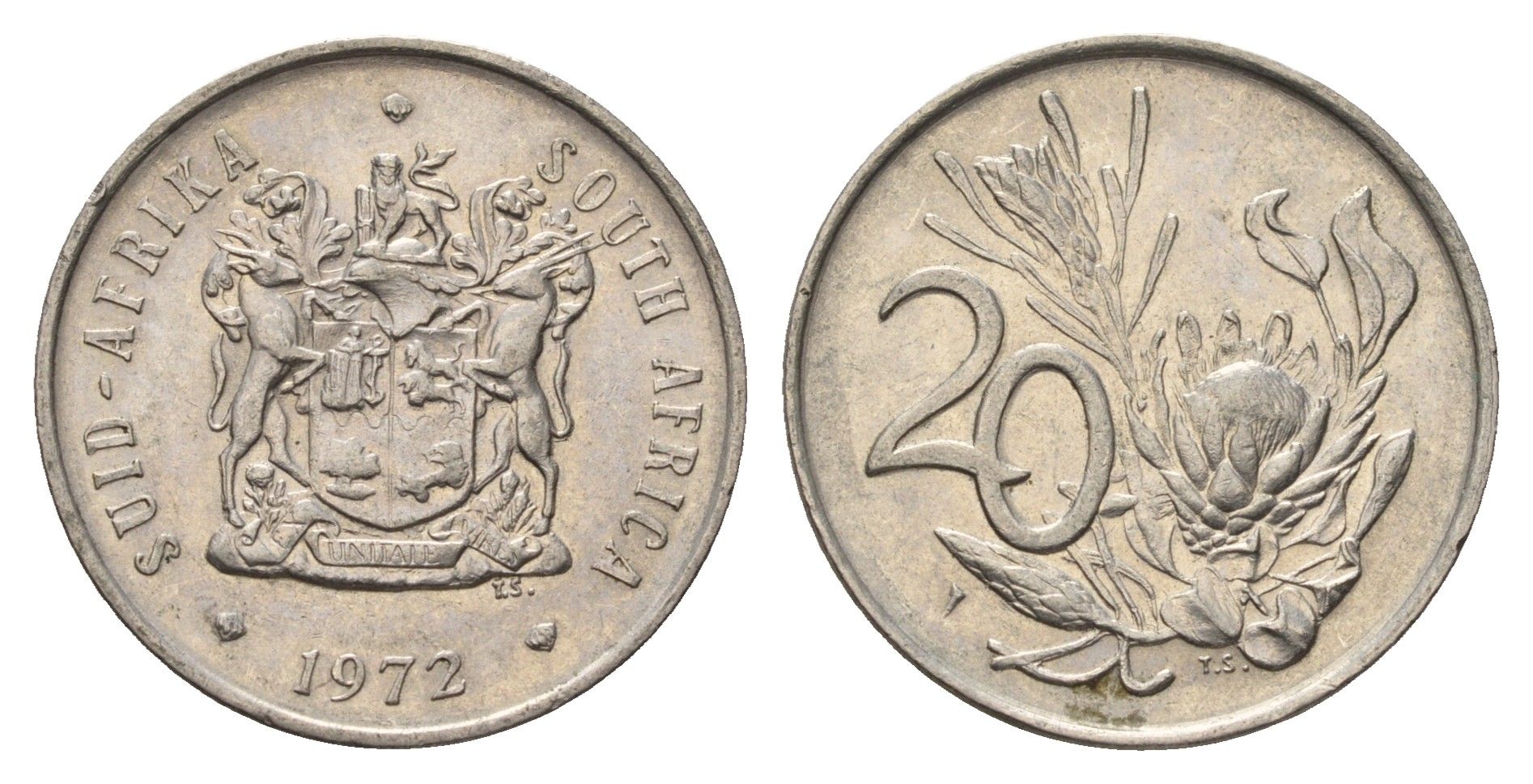 ЮАР 20 центов 1972 герб, цветок протея KM 86 никель 4693-712