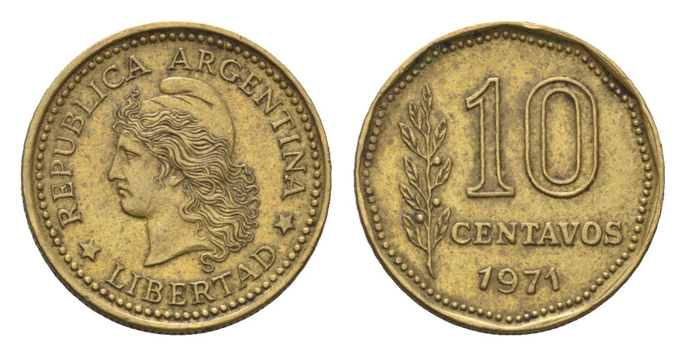 Аргентина 10 сентаво 1971 KM 66 латунь 4696-1067
