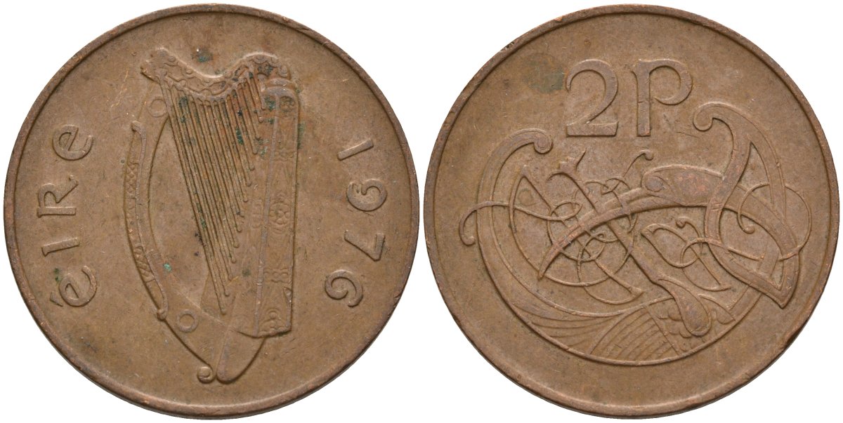 Ирландия 2 пенса 1976 виньетка в виде стилизованной птицы из второй библии Карла II Лысого KM 21 бронза 4144-945