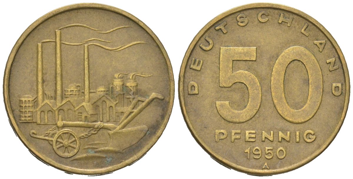 ГДР 50 пфеннигов 1950 А, фабрика KM 4 алюминиевая бронза 188-644