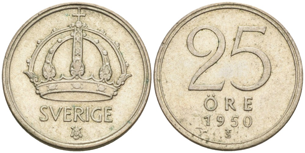 Швеция 25 эре 1950 TS, Густав V (1907-1950) KM 816 серебро 4381-947
