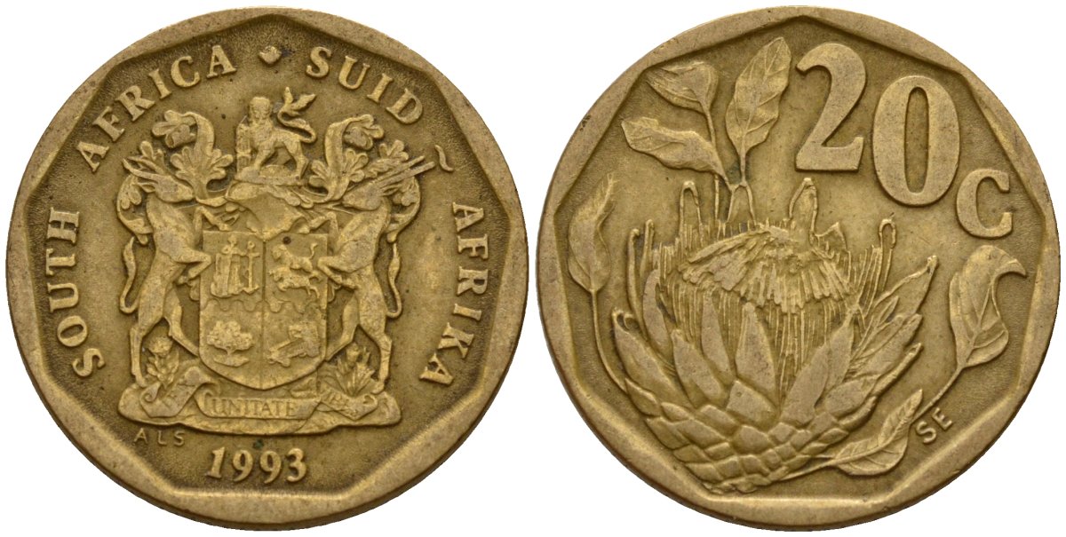 ЮАР 20 центов 1993 герб, цветок протея KM 136 сталь плакированная латунью 4154-1136
