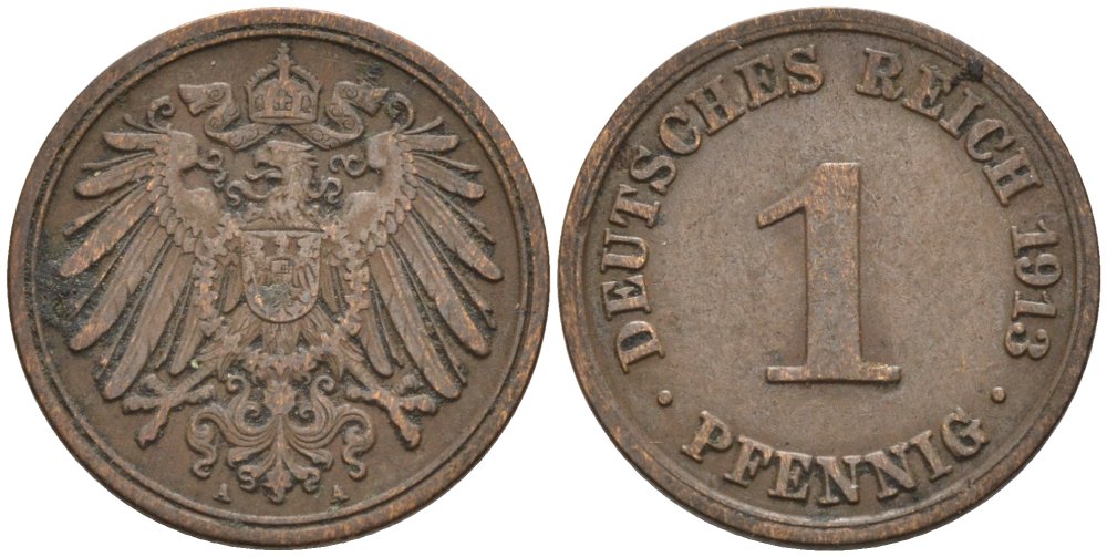 Германия 1 пфенниг 1913 A KM 10, J. 10 медь 4576-219