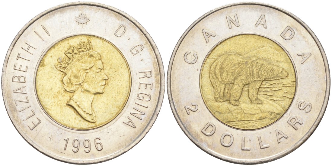 Канада 2 доллара 1996 ПОЛЯРНЫЙ, БЕЛЫЙ МЕДВЕДЬ KM 270 биметалл aUNC 4114-832