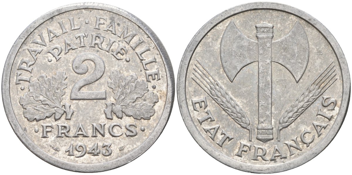 Франция 2 франка 1943 правительство Виши KM 904.1 алюминий 4143-622