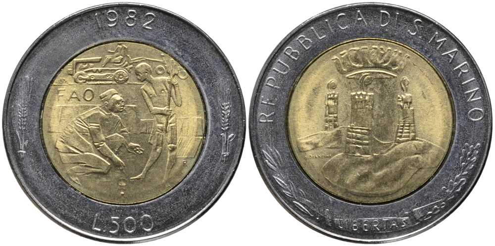 Сан-Марино 500 лир 1982 R, FAO KM 140 биметалл UNC 113-555