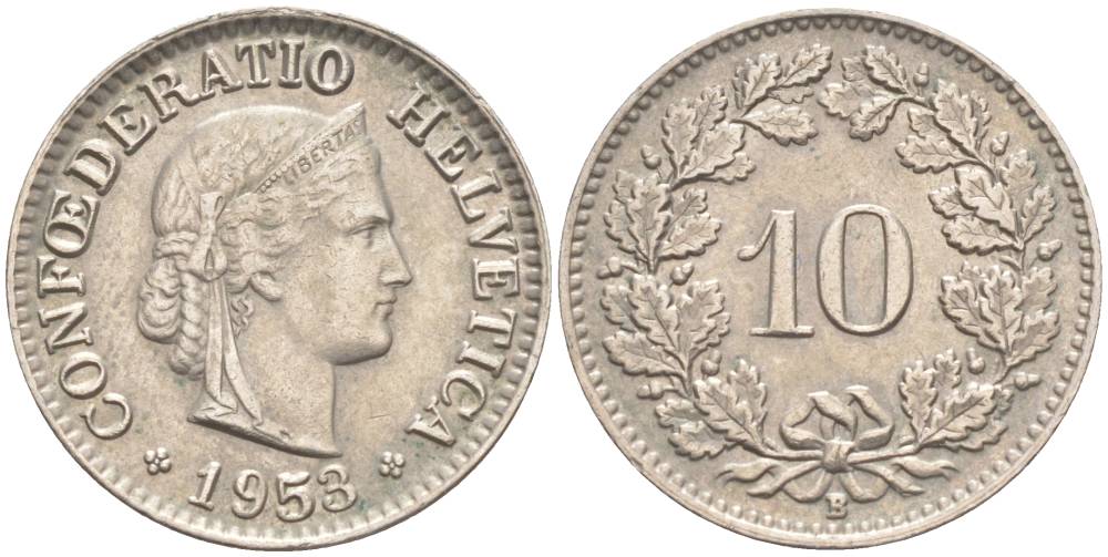 ШВЕЙЦАРИЯ 10 РАППЕНОВ 1953 В KM 27 медно-никель 55-236