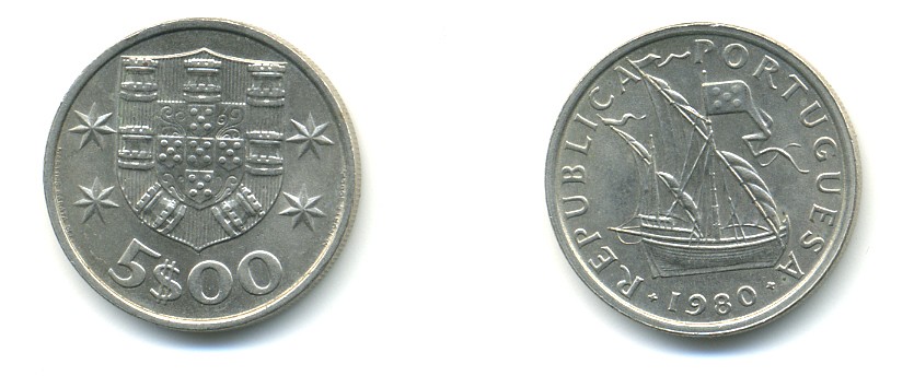 ПОРТУГАЛИЯ 5 ЭСКУДО 1980 ПАРУСНИК KM 591 медно-никель 176-314