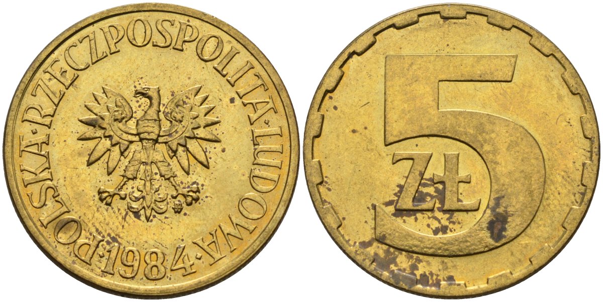 Польша 5 злотых 1984 MW KM 81.1, Parchimowicz 221i латунь aUNC 4551-816
