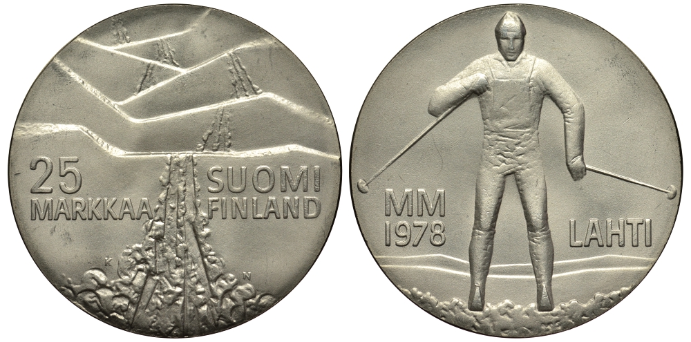 Финляндия 25 марок 1978 K-N, 21 Чемпионат мира по лыжным видам спорта 1978 в Лахти KM 56 серебро 1520-622