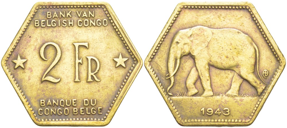 Бельгийское Конго 2 франка 1943 слон, шестиугольная, год тип KM 25 латунь 4541-957