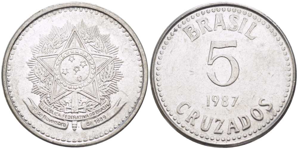 Бразилия 5 крузадо 1987 реформа (1986-1989) KM 606 нержавеющая сталь 33-1234
