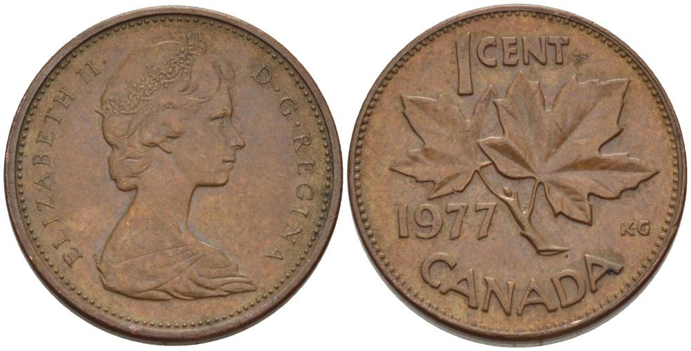 Канада 1 цент 1977 Елизавета II (1952-2022), кленовый лист KM 59.1 бронза 4608-429