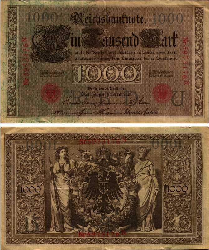 ГЕРМАНИЯ 1000 МАРОК 1910 21 АПРЕЛЯ 1910, КРАСНЫЙ СЕМИЗНАЧНЫЙ НОМЕР Pick 44b бумага 6278-35-2-1