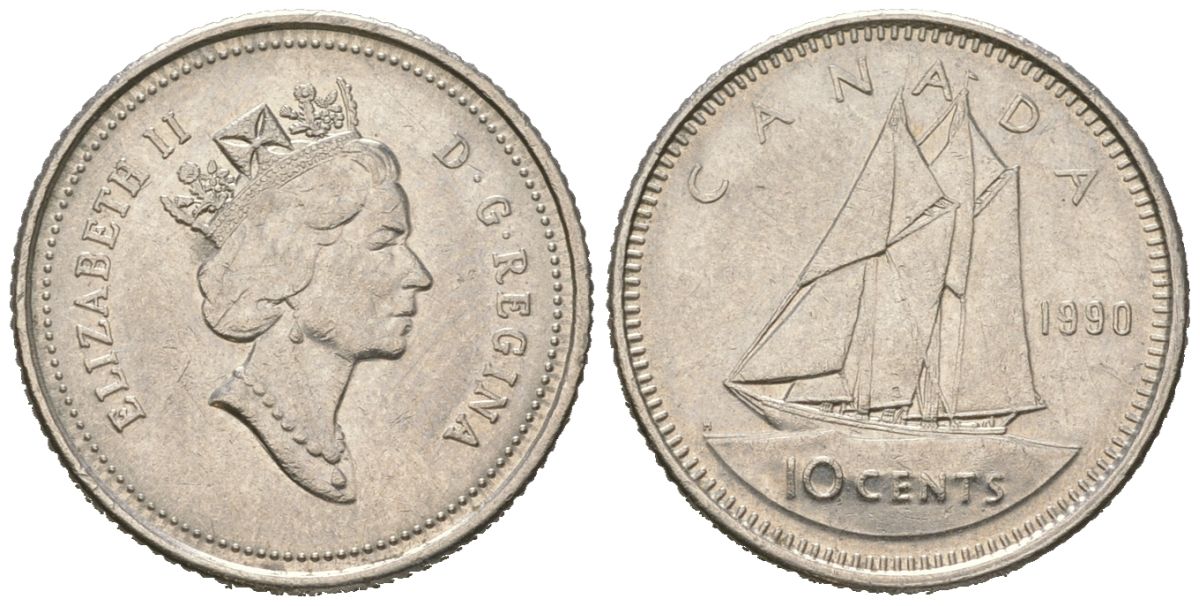 Канада 10 центов 1990 Елизавета II (1952-2022), парусник KM 183 никель 4381-748